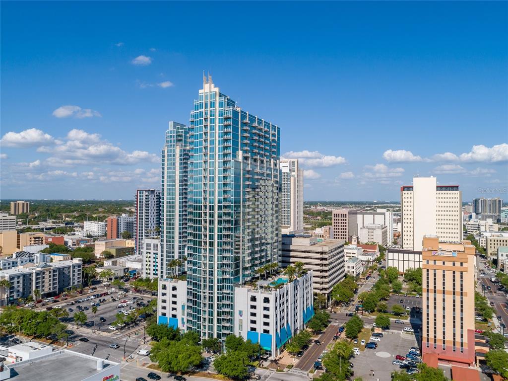 a view of a city with tall buildings