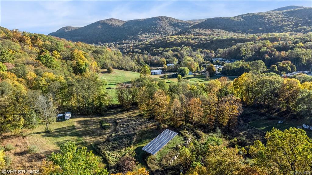 a view of a lush green hillside and houses