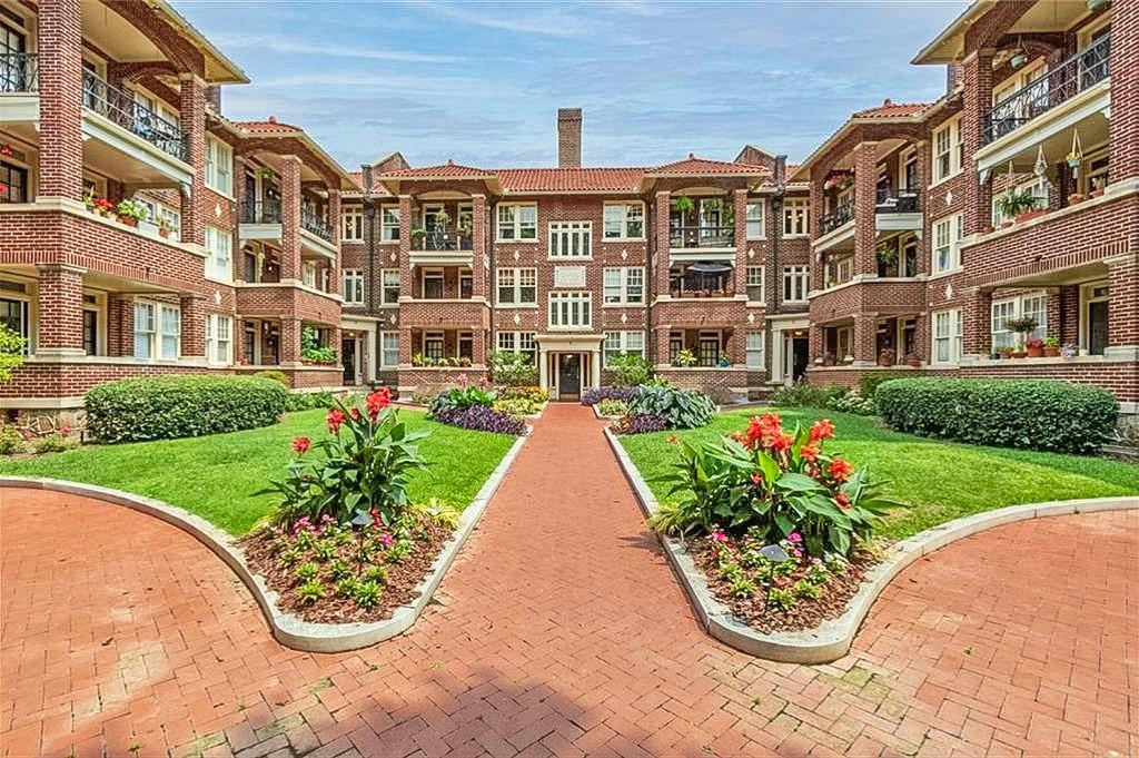 a view of a building with garden