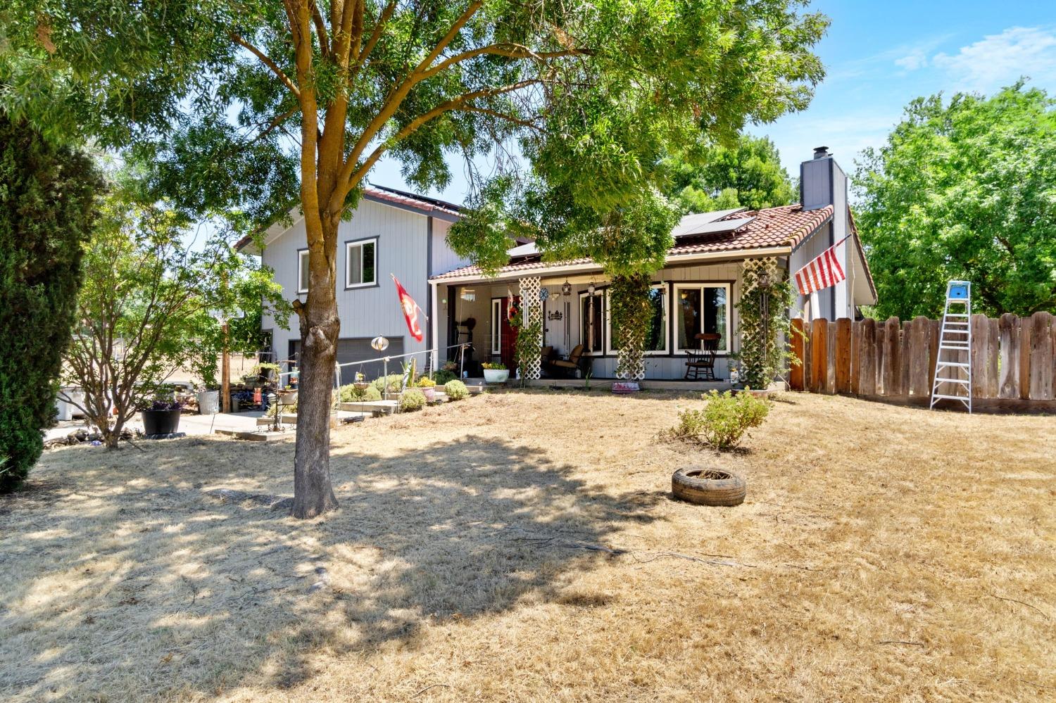 a front view of a house with yard and tree