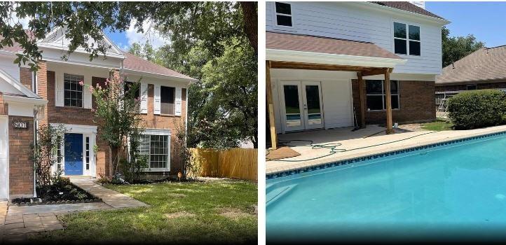 a view of a house with backyard porch and sitting area