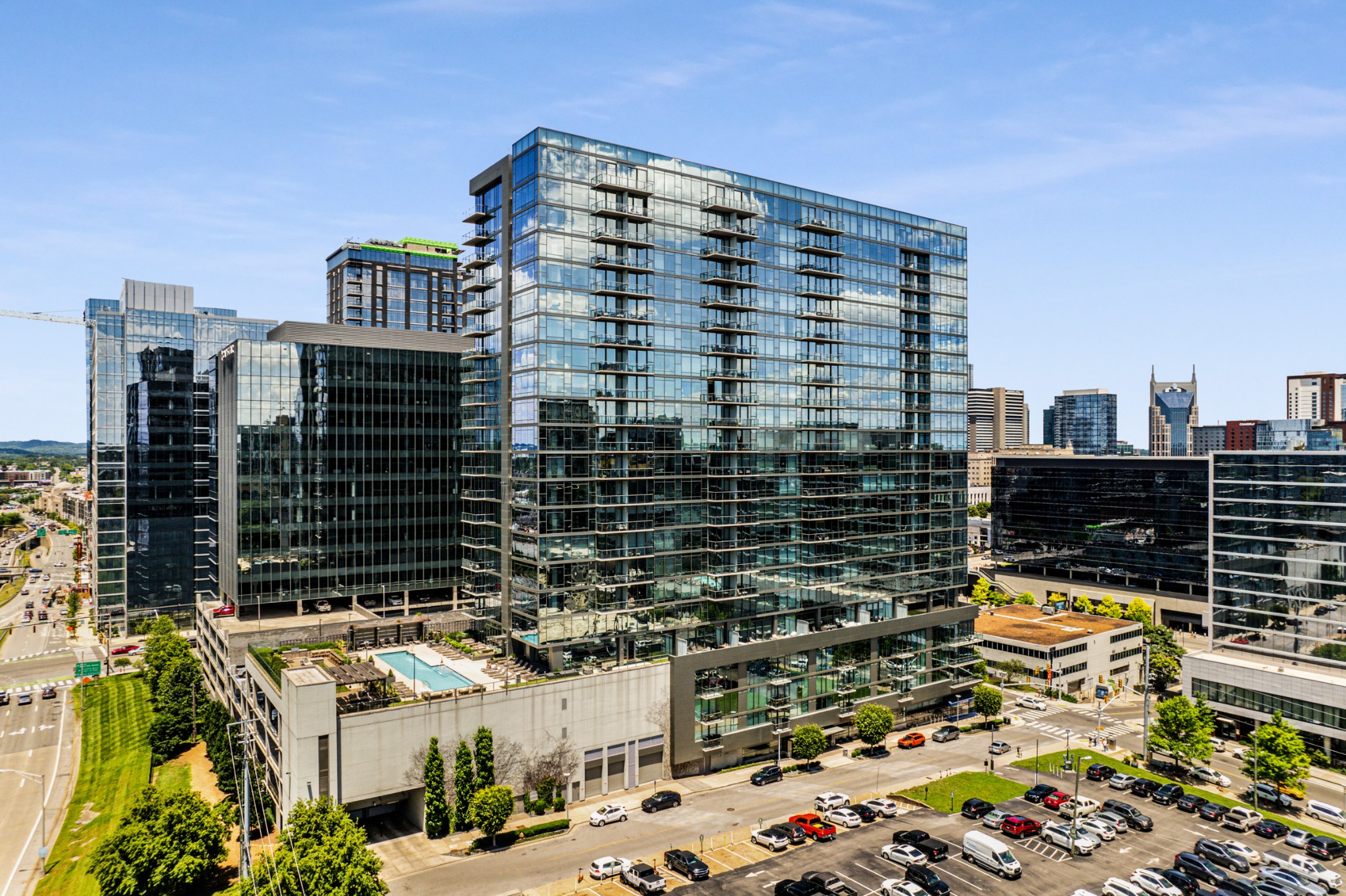 a view of a city with tall buildings