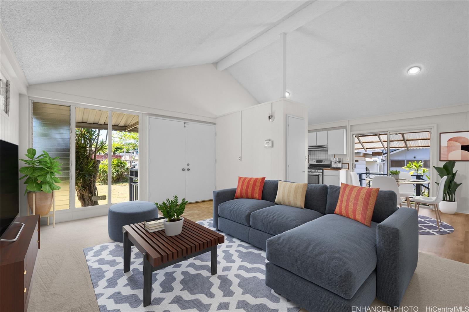 a living room with furniture and a potted plant