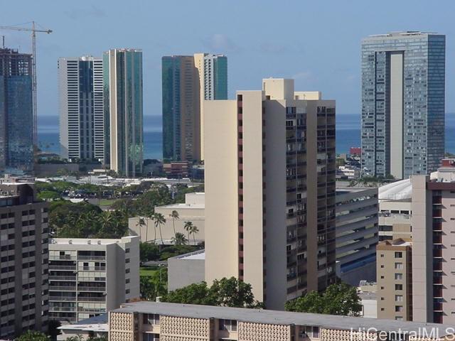 a city view with tall buildings