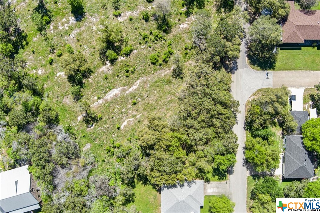 an aerial view of residential house with outdoor space and trees all around