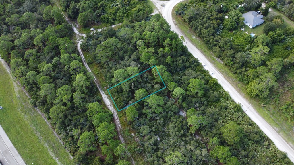 an aerial view of residential houses with outdoor space and trees