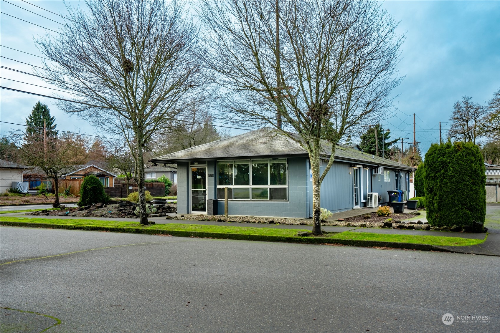 a front view of house with yard and green space