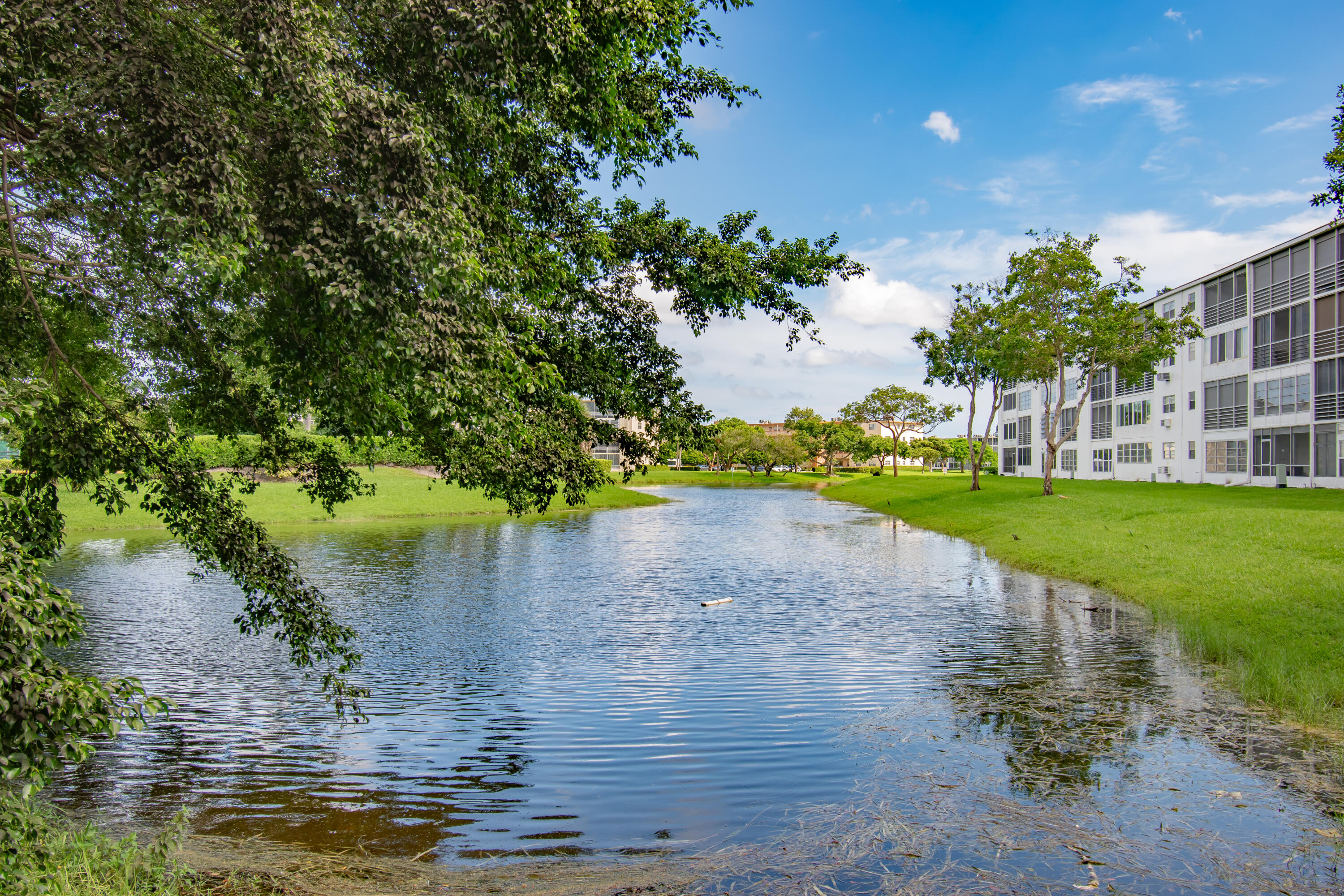 a view of a lake with a yard