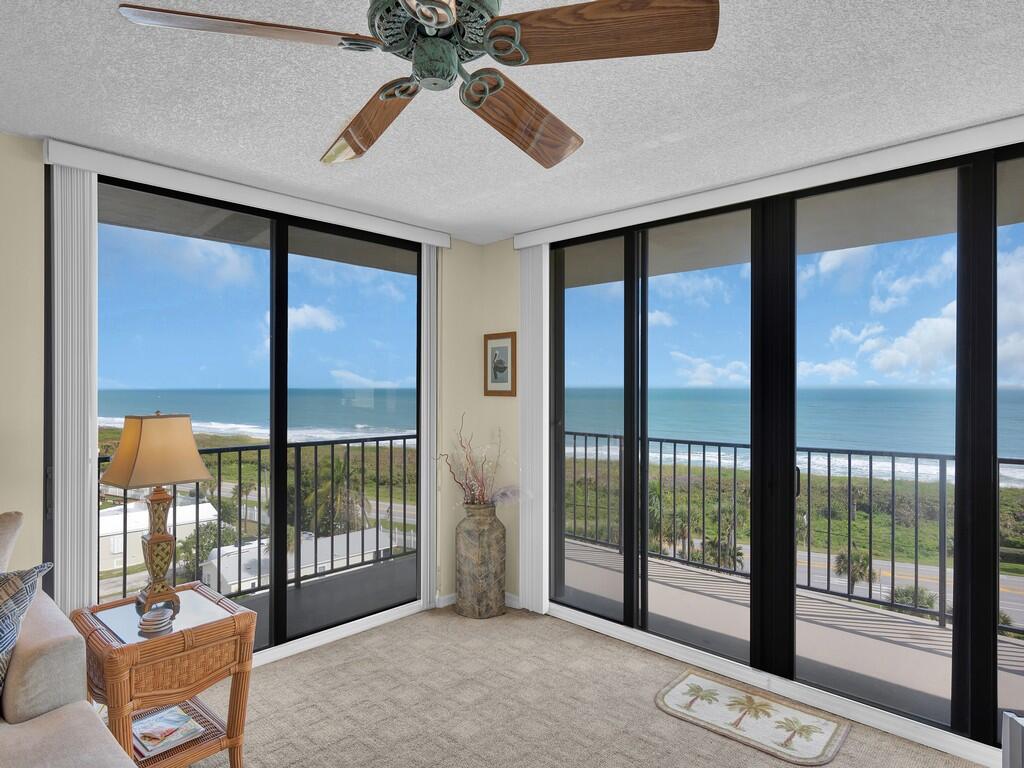 a living room with a large window