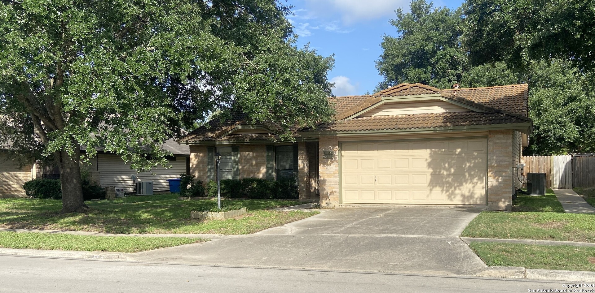 a view of a house with a yard plants and large tree