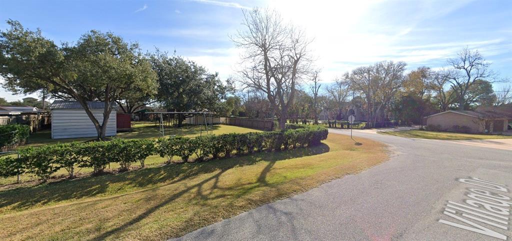 a view of a park with large trees