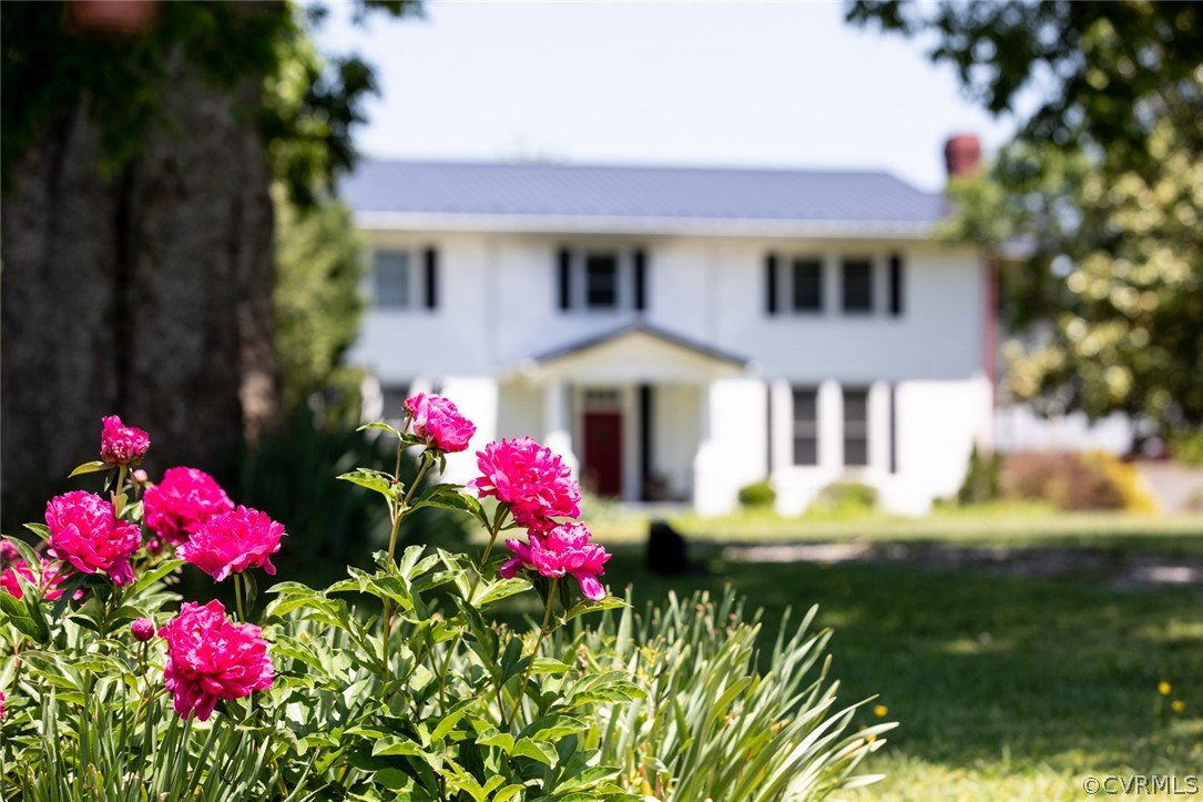 a front view of a house with a yard and fountain