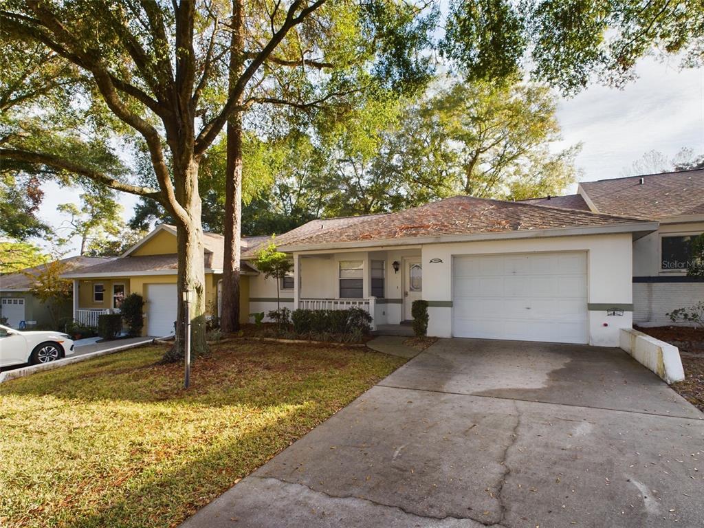 a view of a house with a yard and large tree