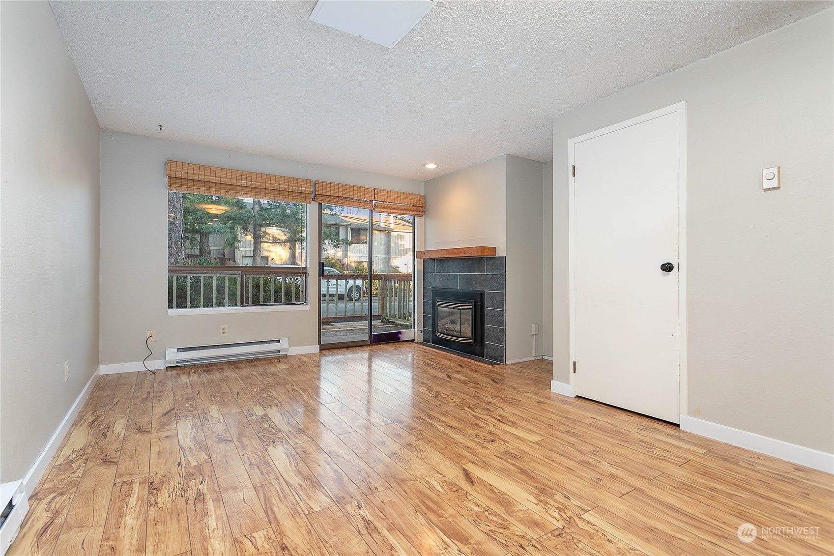 a view of empty room with wooden floor and fireplace