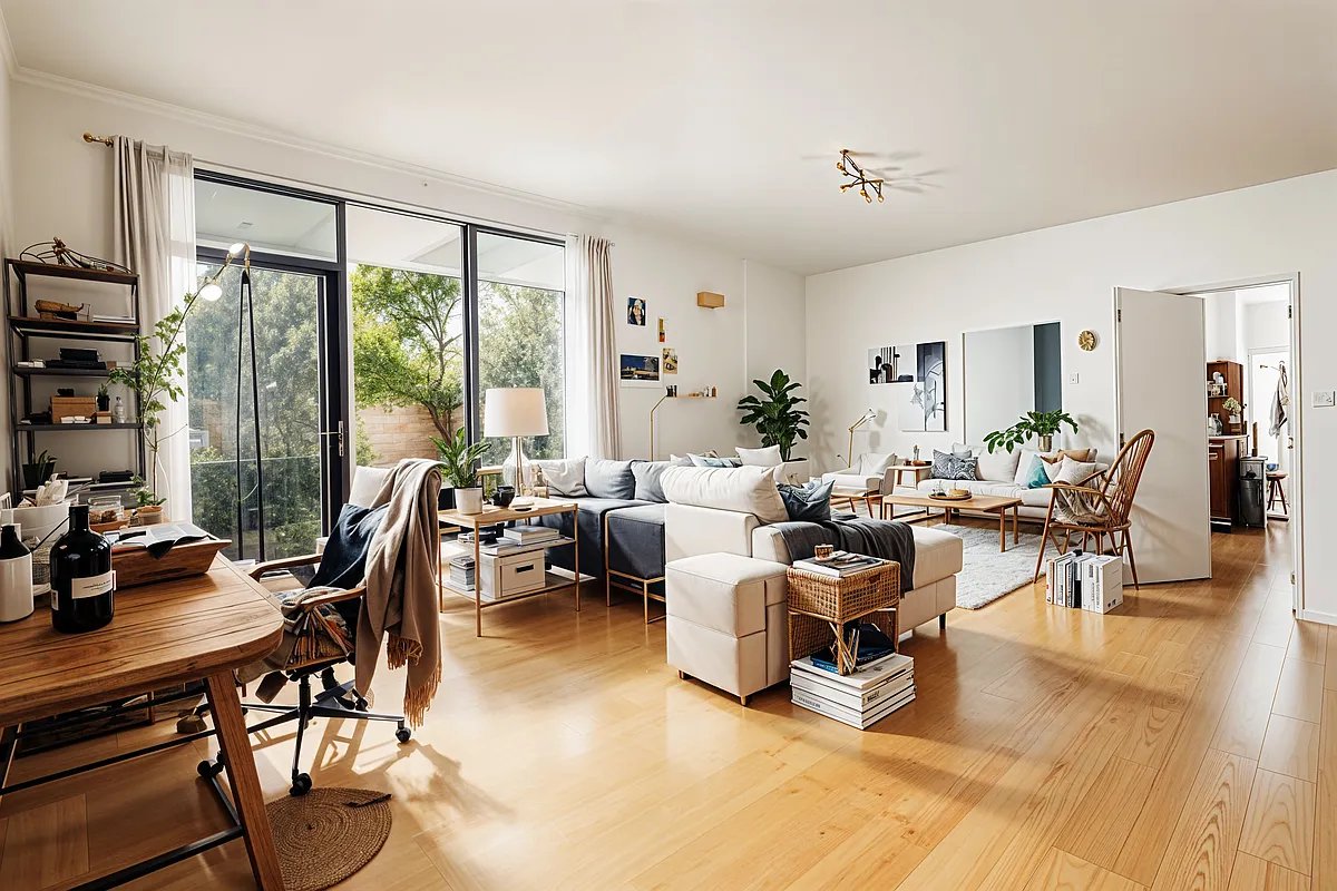 a living room with furniture large window and a table