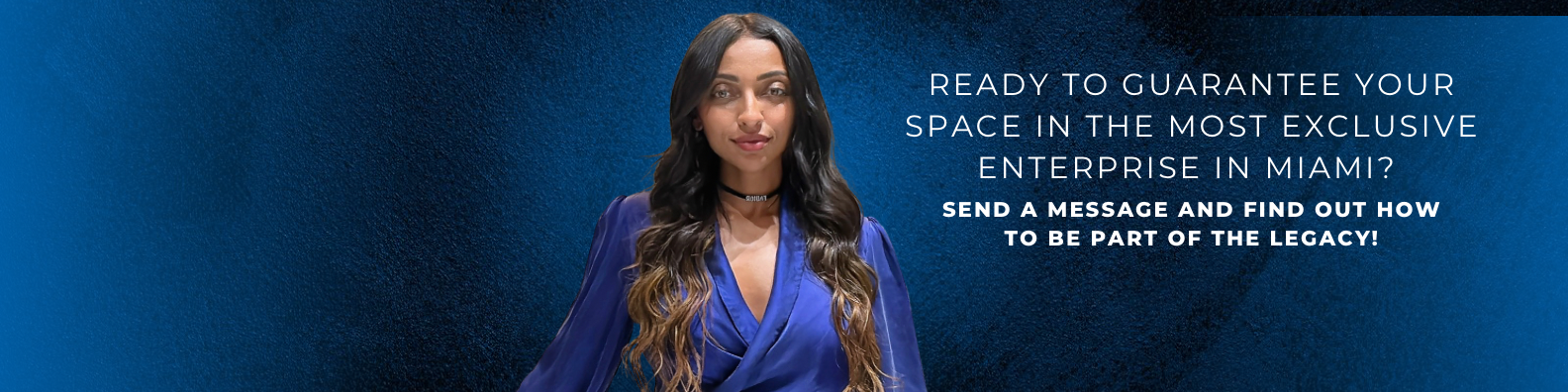 Image of Otacilia Sturaro, COMPASS real estate broker in Miami Beach, wearing a dark blue blazer on a blue background with the text: 'Ready to guarantee your space in the most exclusive enterprise in Miami? Send a message and find out how to be part of the legacy!