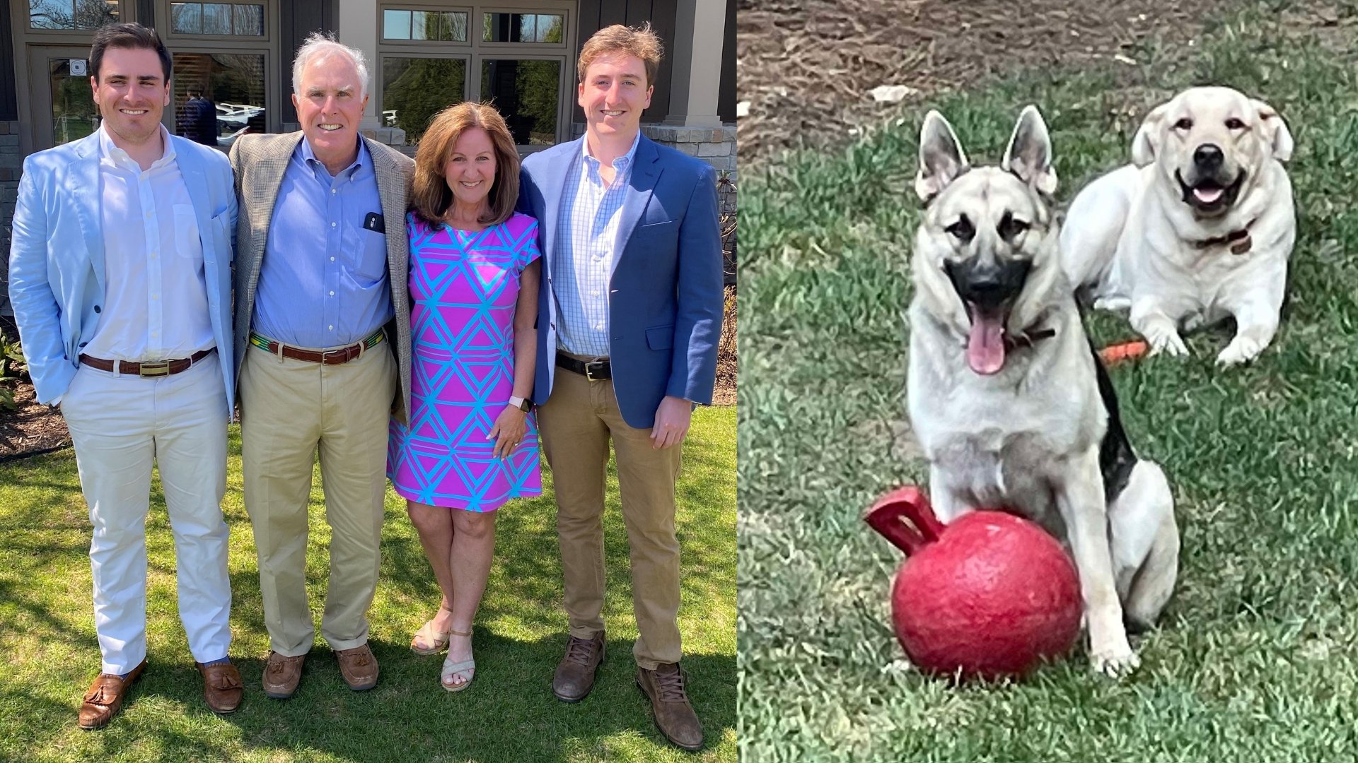 The left photo shows Mary Barton with her husband and two children. Photo on the right shows Mary's two dogs