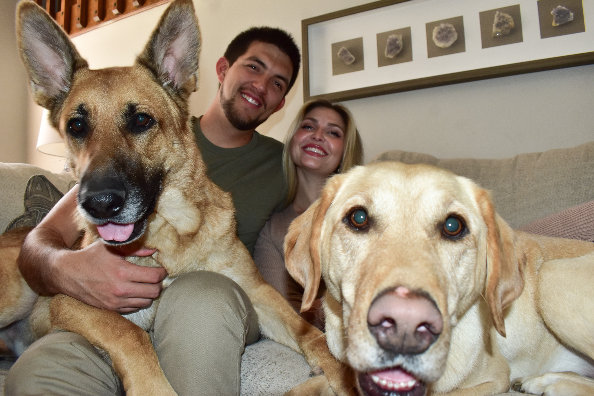 A man and a woman sitting on a couch with a dog.