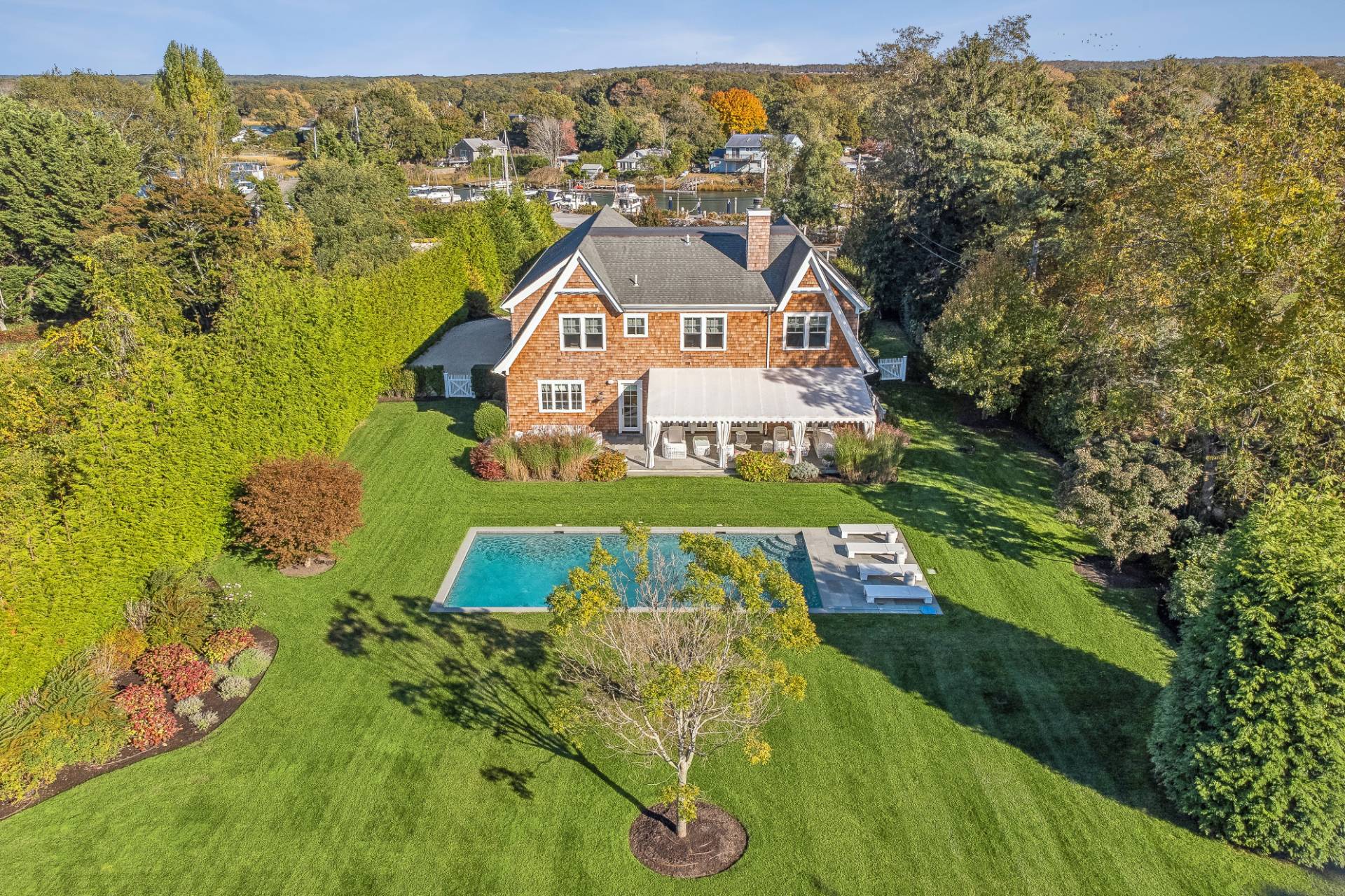 an aerial view of a house with a garden