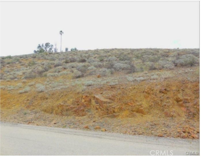 a view of a dry yard with a mountain