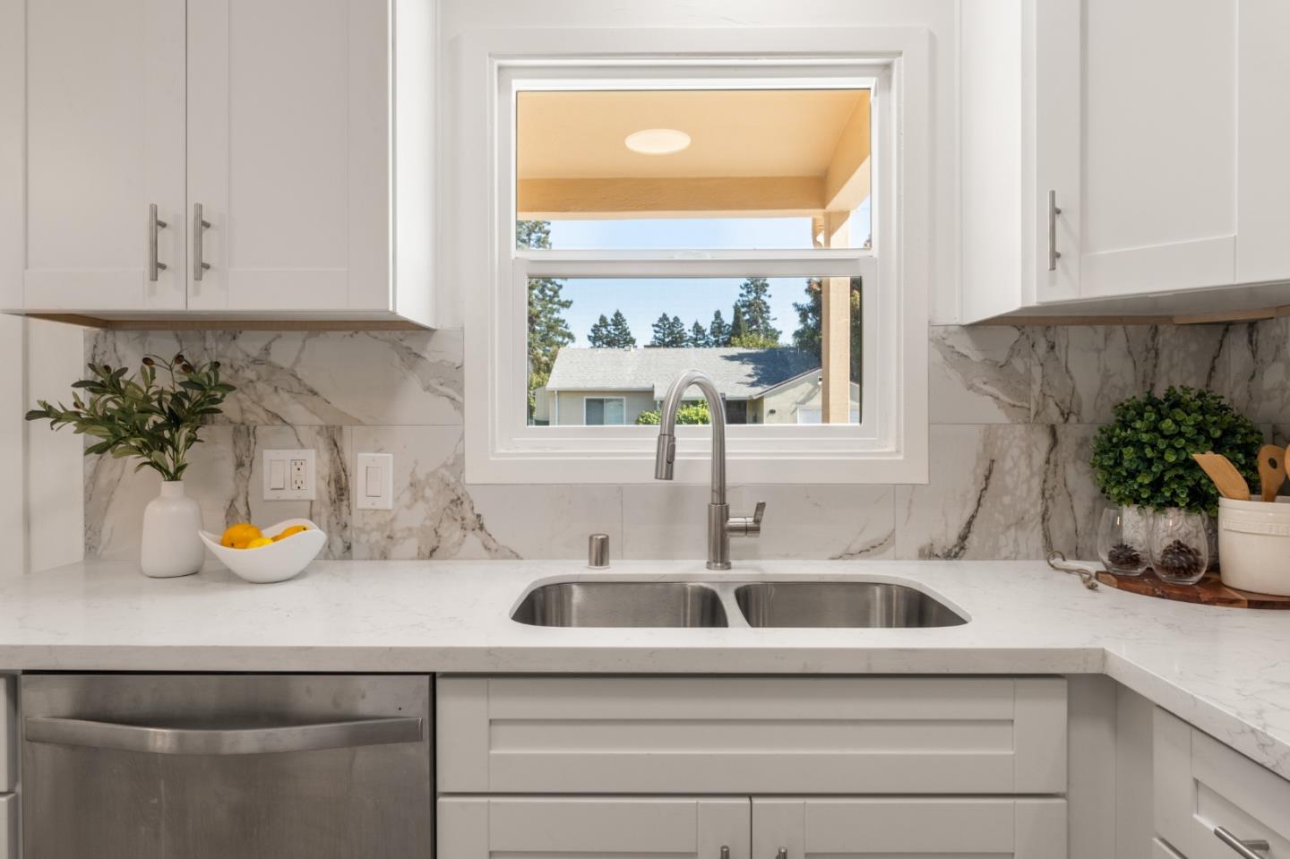 a kitchen with a sink and potted plant