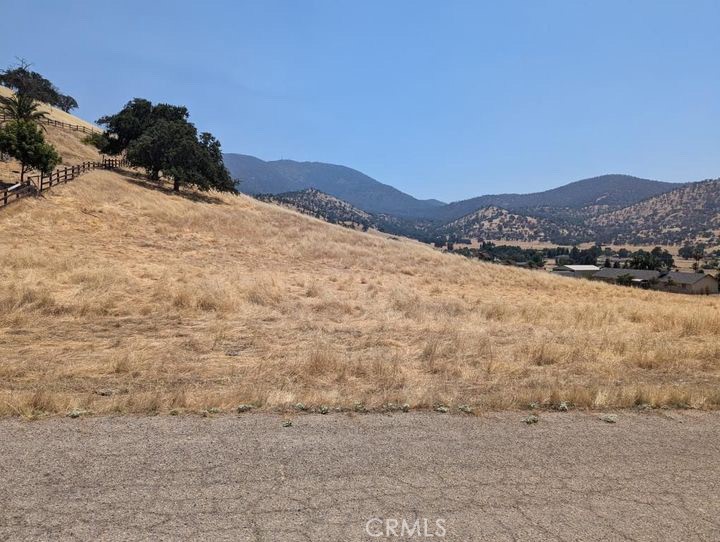 a view of a dry yard with mountains in the background