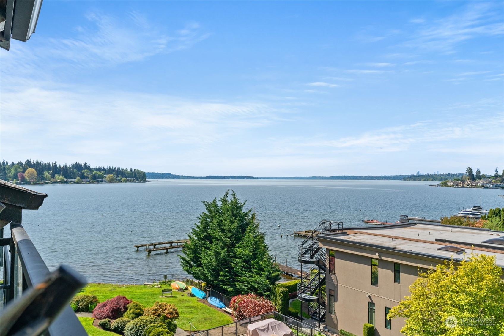 a view of a lake with a terrace