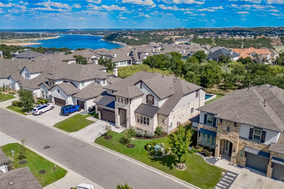 an aerial view of a house with a garden