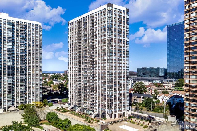 a city view with tall buildings