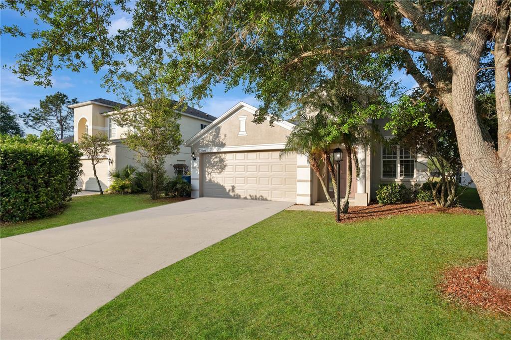 front view of a house with a yard and an trees