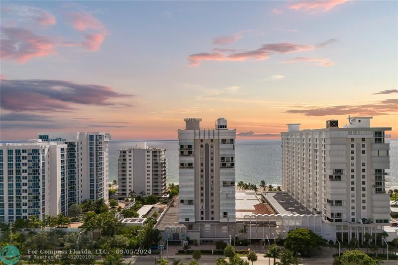 a city view with tall buildings