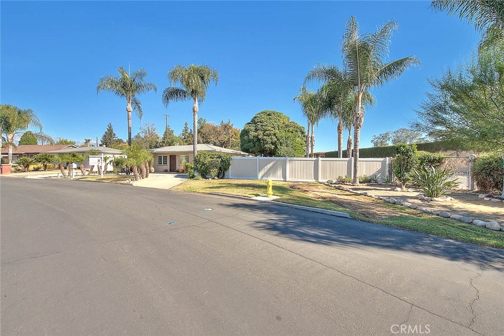 a view of a house with a yard and palm trees