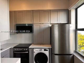 a kitchen with a refrigerator and a stove