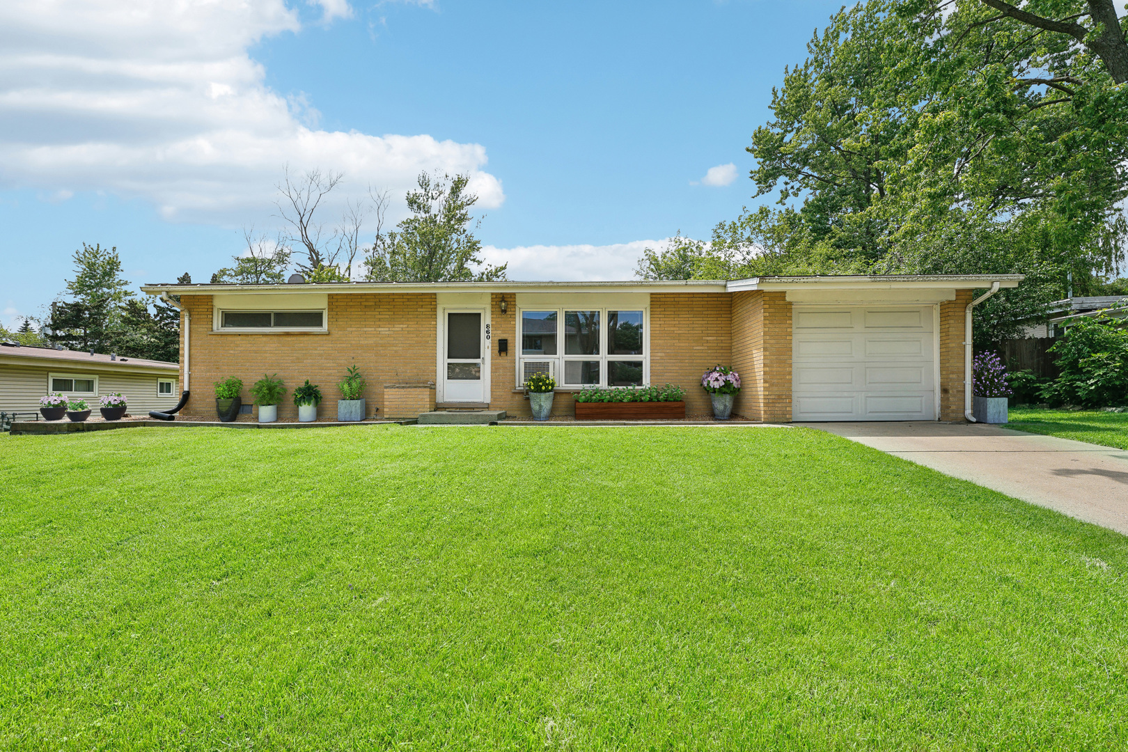 a front view of a house with a garden and plants