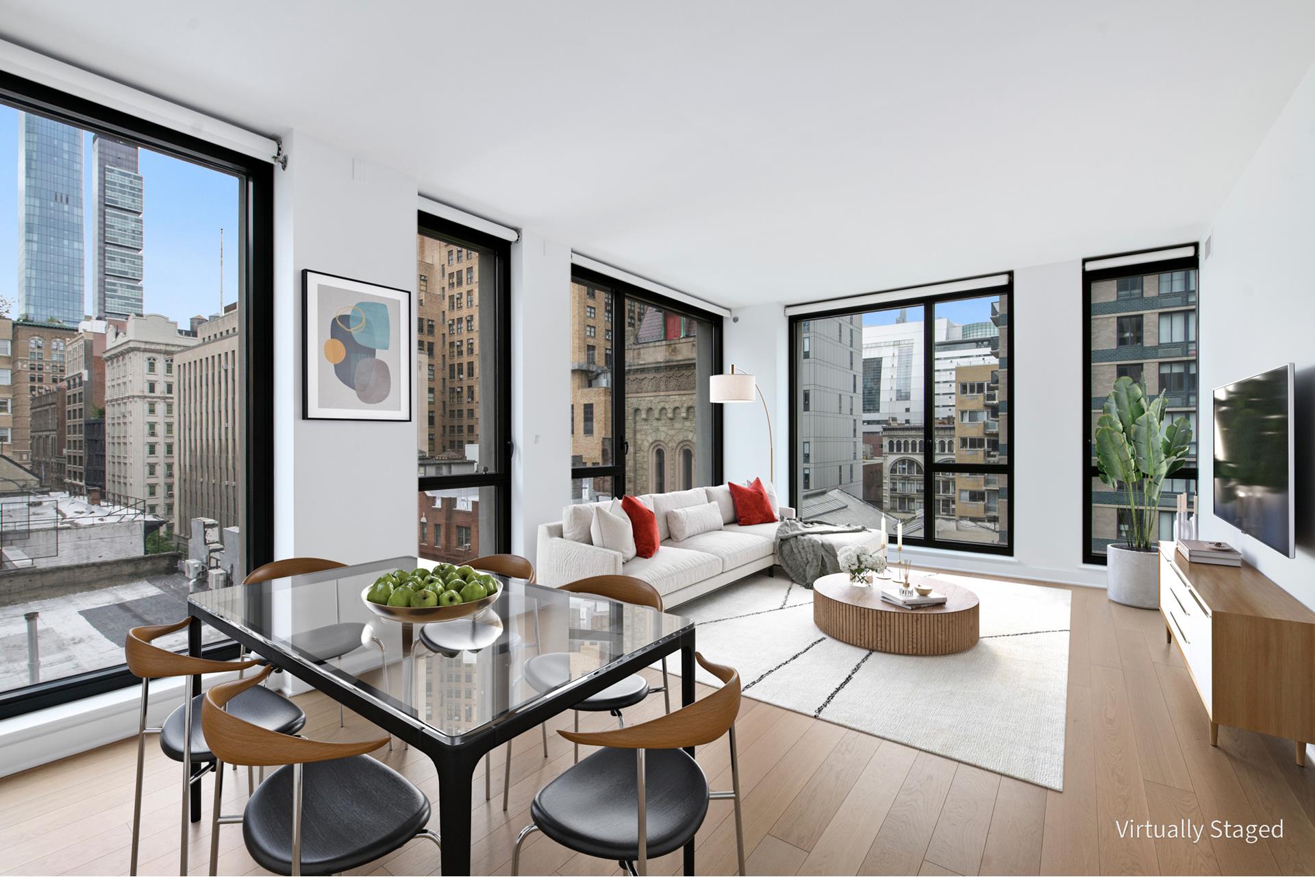 a living room with furniture and large window