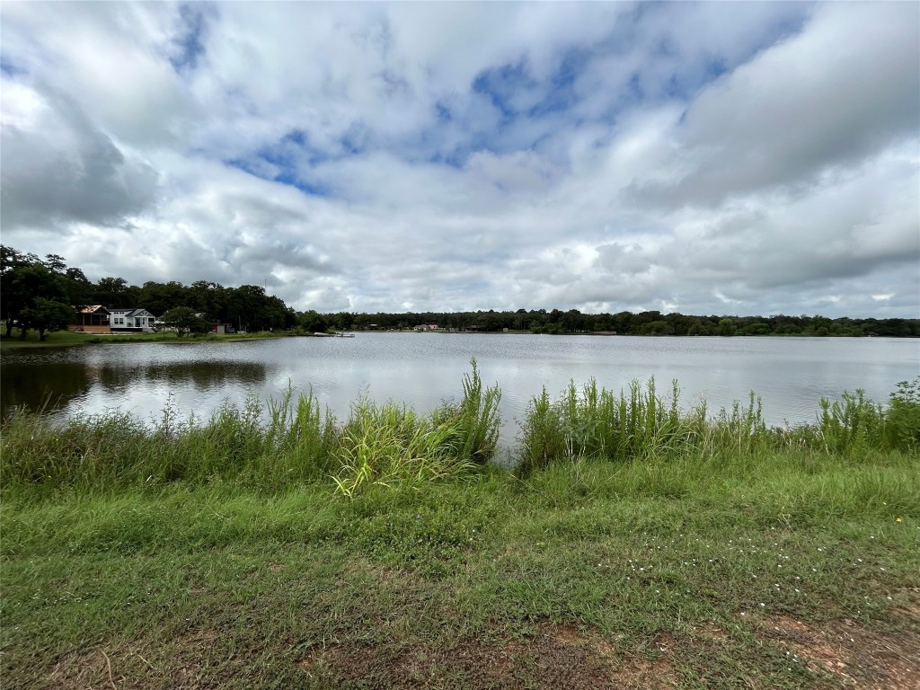 a view of a lake with houses in the back