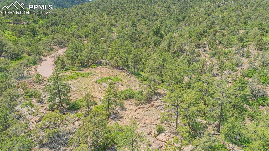 Aerial view of driveway leading to the clearing for building site