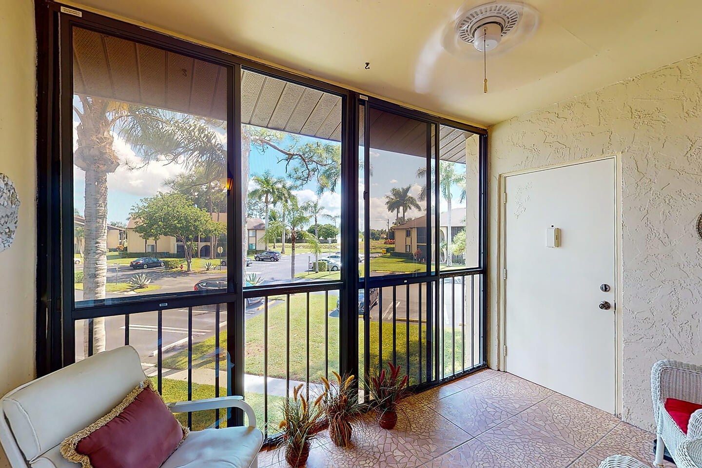 a view of a room with a large window