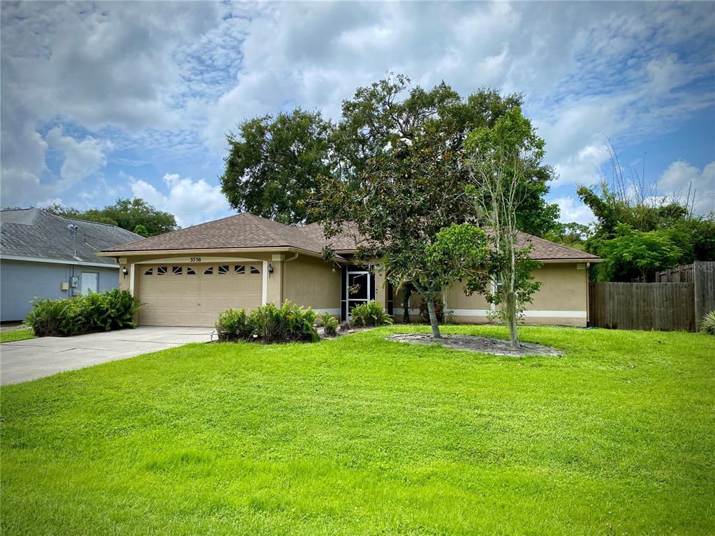 a front view of a house with a yard and green space