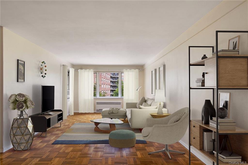 a living room with furniture a dining table and a potted plant