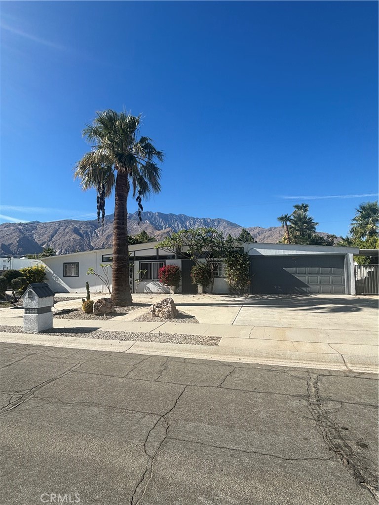 a view of a house with a yard and palm trees