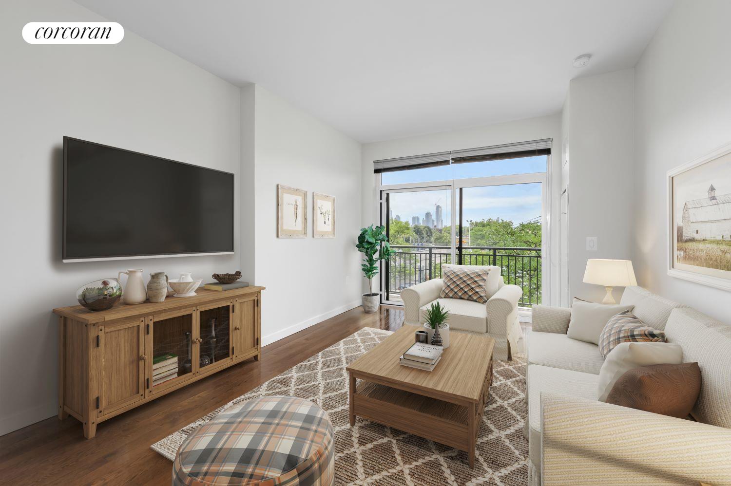 a living room with furniture a flat screen tv and a floor to ceiling window