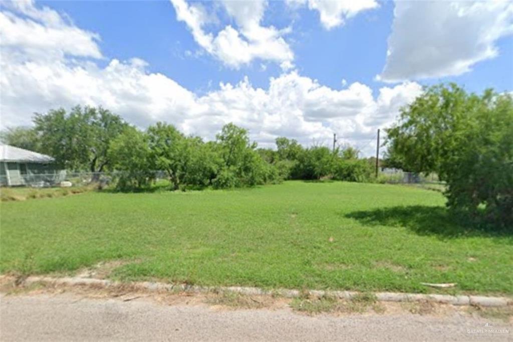 a view of a grassy field with trees around