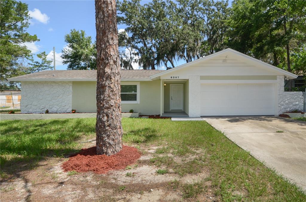 a view of a house with a yard and garage