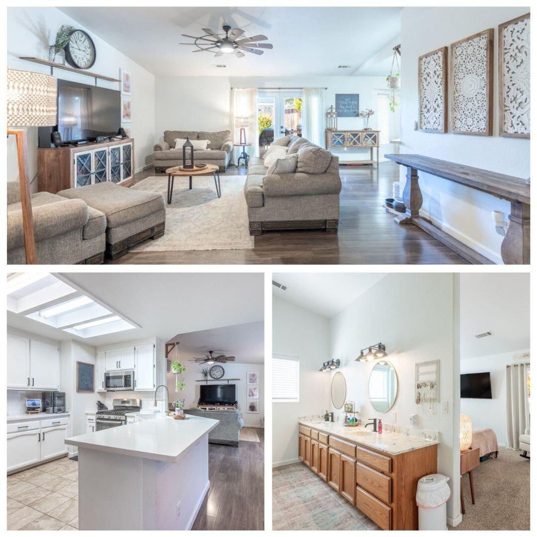 a living room with furniture and view of kitchen