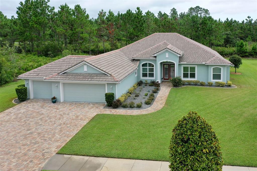 a aerial view of a house with a yard and potted plants