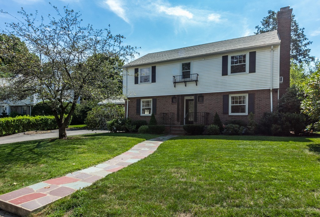 a view of a yard in front of a house with plants and large tree