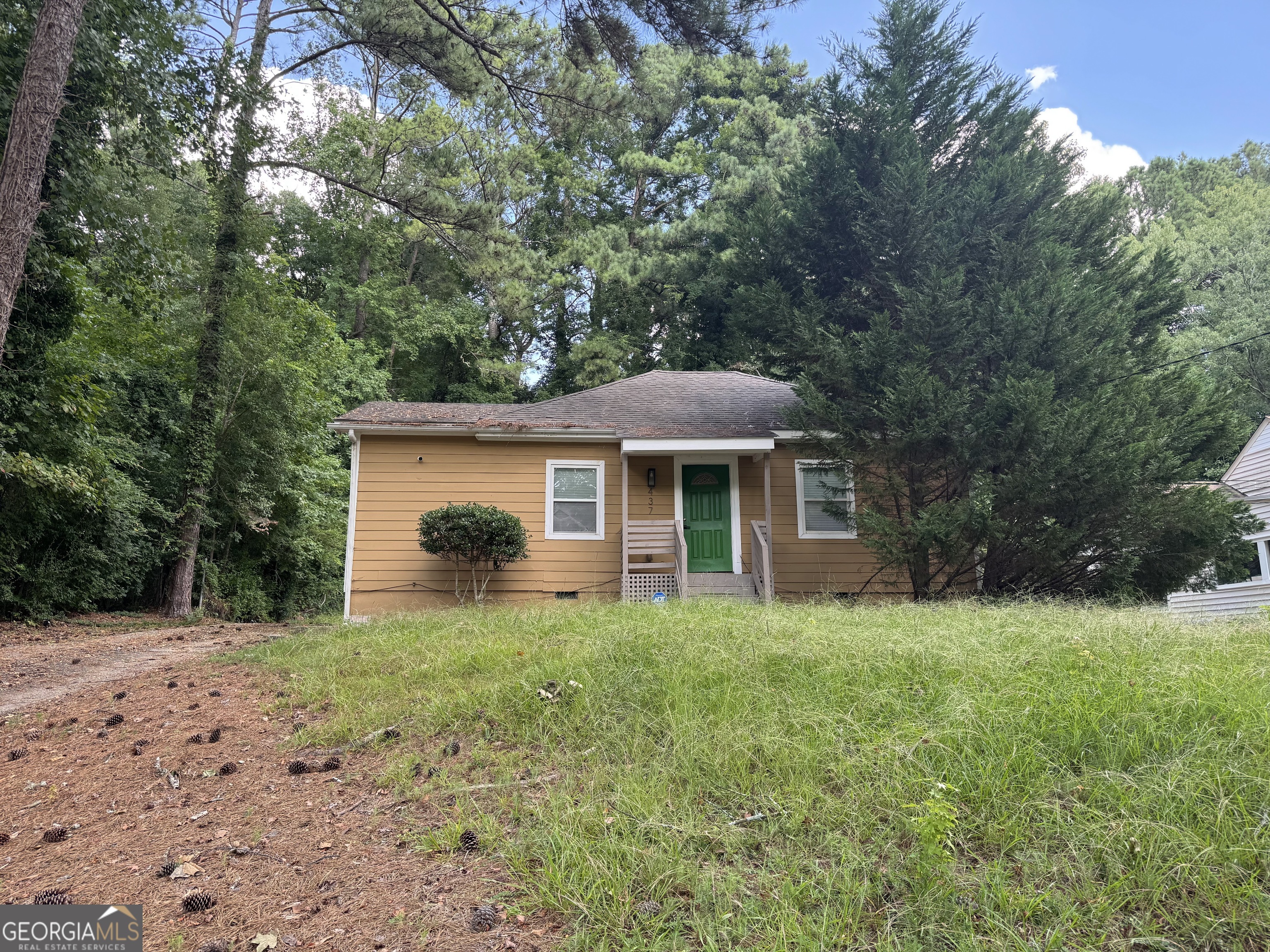 a front view of a house with yard and green space