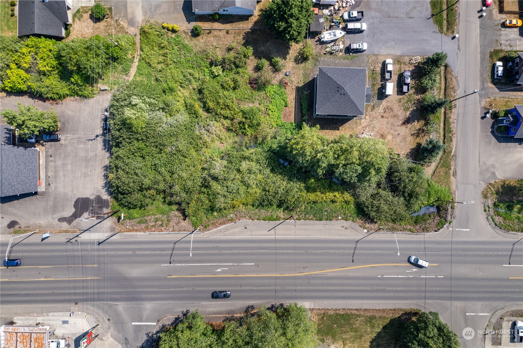 an aerial view of a house with a yard and plants