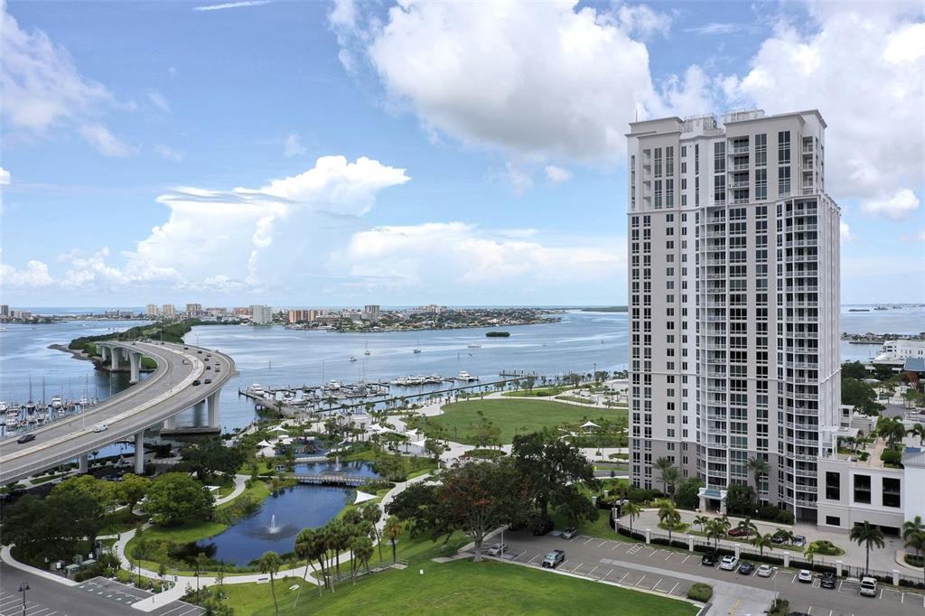 a view of a city with tall buildings